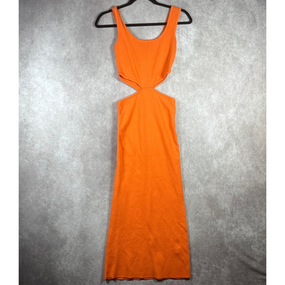 Mable Bodycon Dress Women Small Orange Rib Knit Cut Out Sleeveless Party Stretch